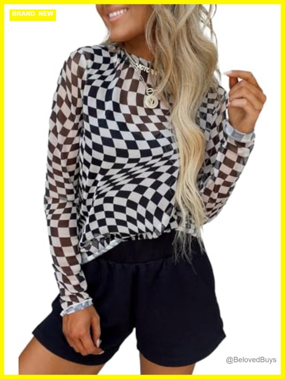 Women Mesh Long Sleeve Checkered Print Sheer Mock Neck Top